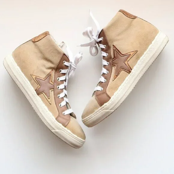 The Shoe Box Beige Suede & Brown Leather High Top Sneakers Lace-up w Star 8.5 - Picture 16 of 16